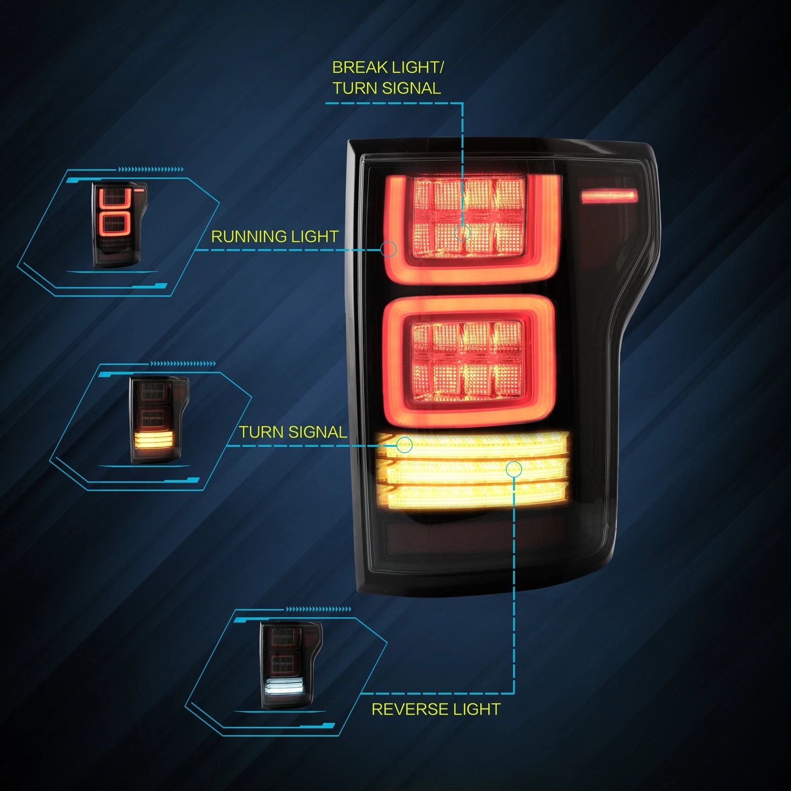 VLAND Tail Lights for Ford F150 15-20 13th Gen (P552) With Sequential Turn Signal Pair - Image 4